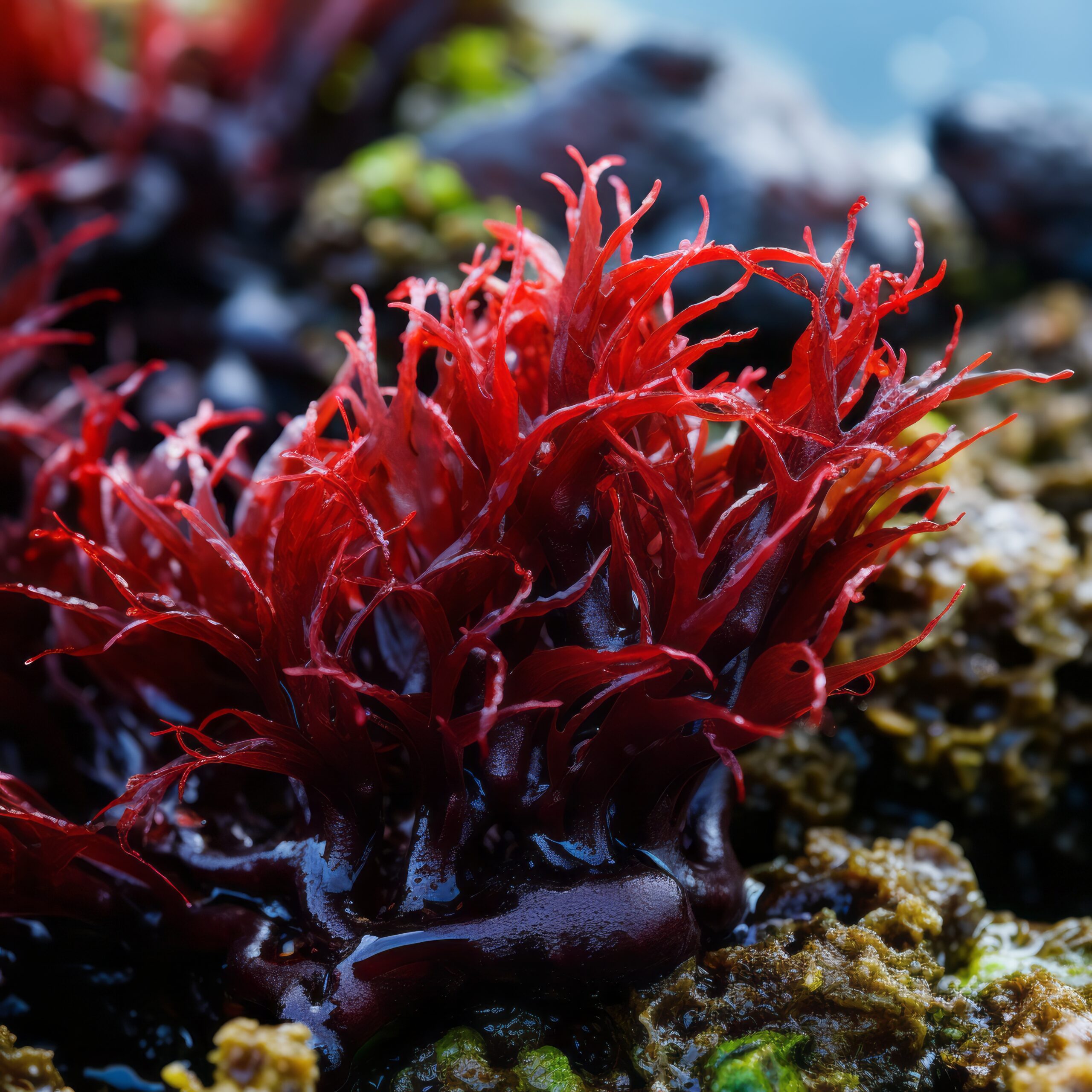 red seaweed on weathered rock ai generated